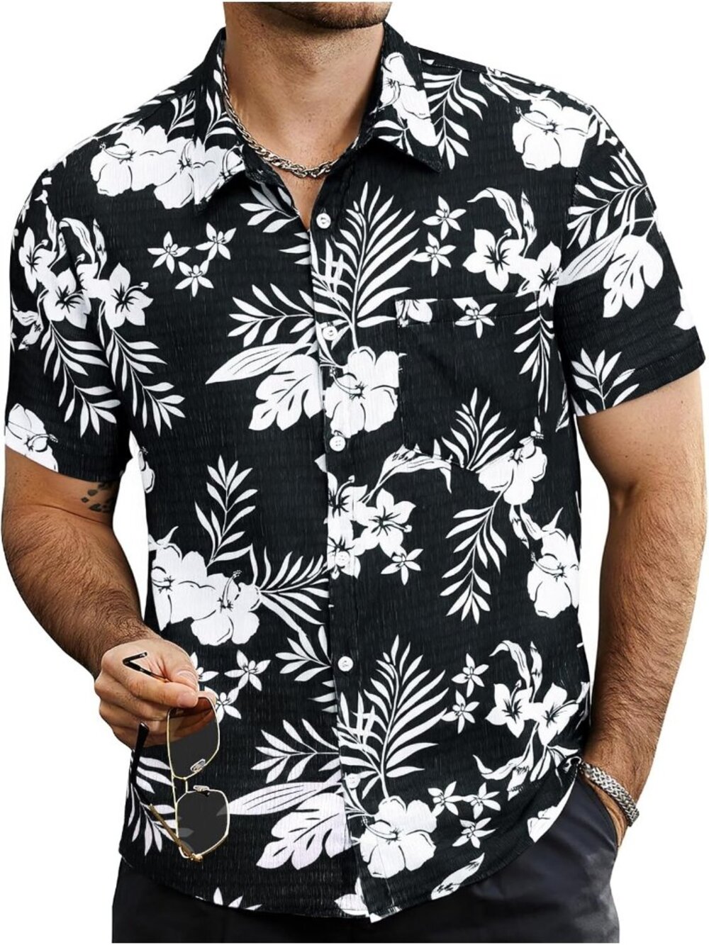 Men's Black/White Floral Short Sleeve Button Down Beach Shirt with Pocket